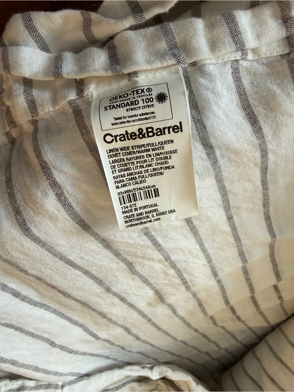 Crate&Barrel - Queen - Linen Striped Duvet Cover in White and Gray
